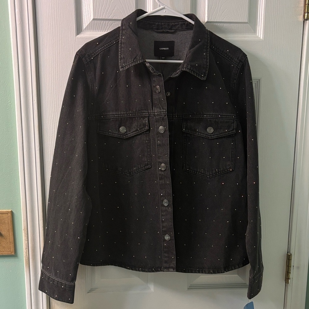 Express Women's Black Denim Jacket with Dark Rhinestone accents